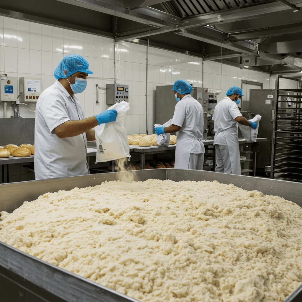 rabalhador em padaria industrial despejando farinha em uma grande batedeira de massa, usando uniforme branco, touca azul, máscara e luvas, com pães frescos ao fundo.