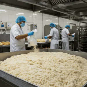 Trabalhador em padaria industrial despejando farinha em uma grande batedeira de massa, usando uniforme branco, touca azul, máscara e luvas, com pães frescos ao fundo
