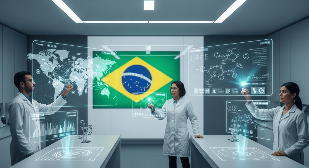 Uma imagem futurística e conceitual de laboratório com a bandeira brasileira no fundo, com cientistas interagindo sobre a regulamentação de aditivos